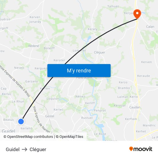 Guidel to Cléguer map