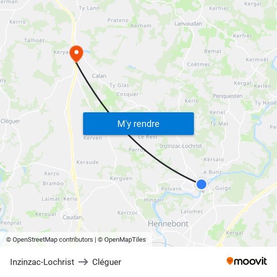 Inzinzac-Lochrist to Cléguer map