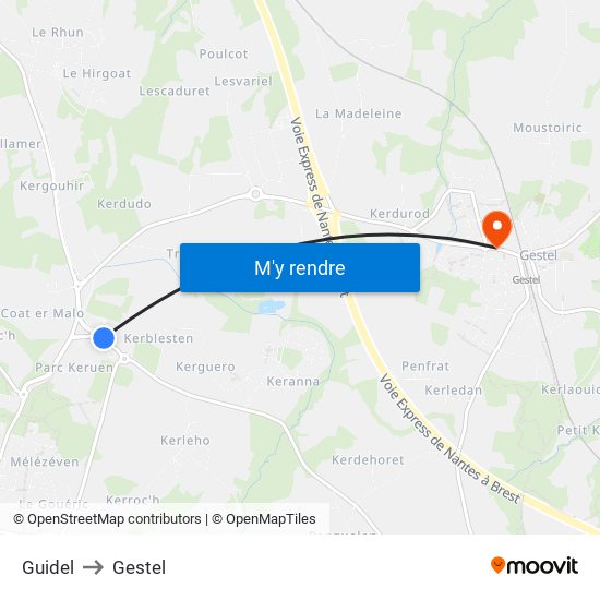 Guidel to Gestel map