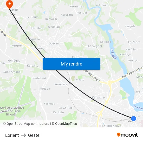 Lorient to Gestel map