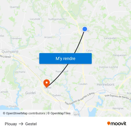 Plouay to Gestel map