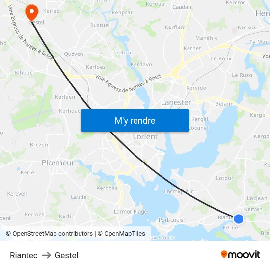 Riantec to Gestel map