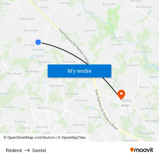 Rédené to Gestel map