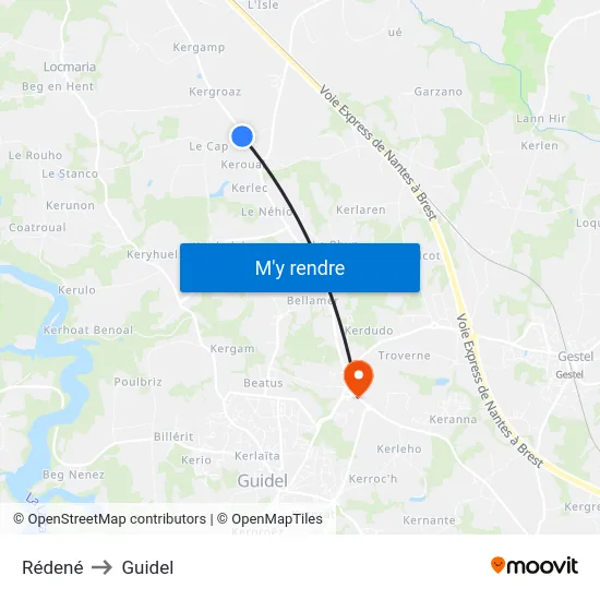 Rédené to Guidel map