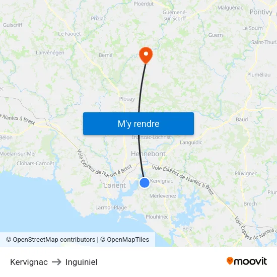 Kervignac to Inguiniel map