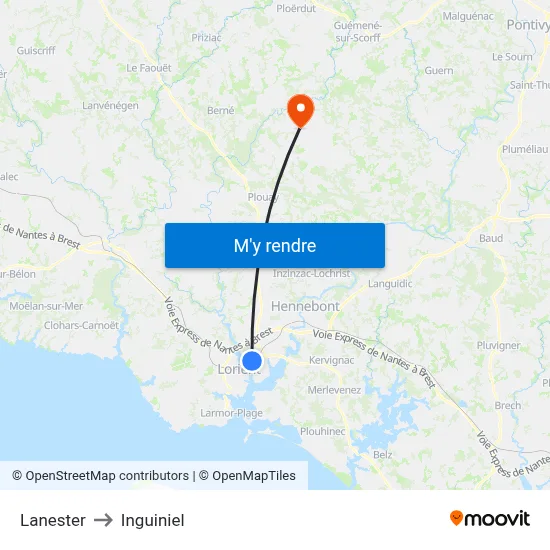 Lanester to Inguiniel map
