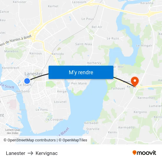 Lanester to Kervignac map