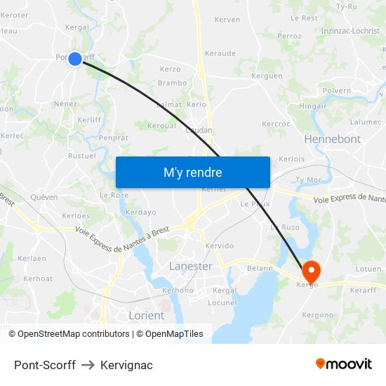 Pont-Scorff to Kervignac map