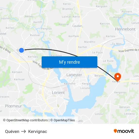 Quéven to Kervignac map