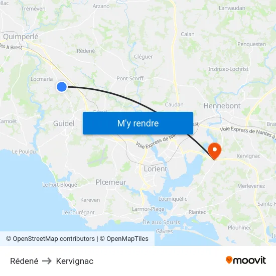 Rédené to Kervignac map