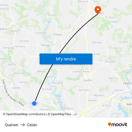 Quéven to Calan map
