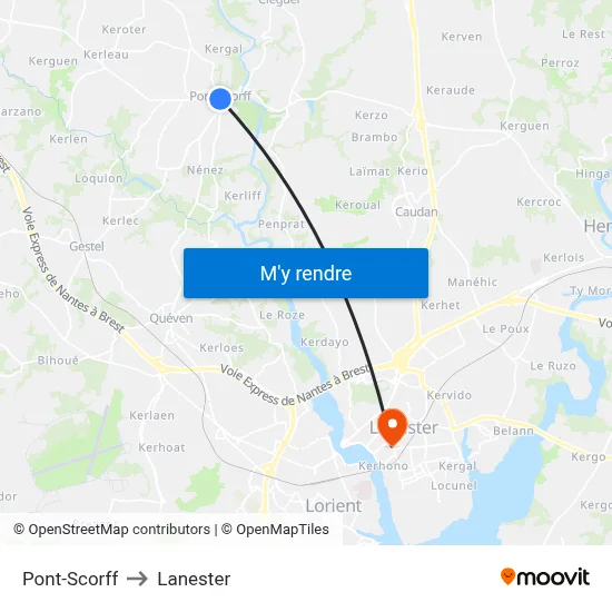 Pont-Scorff to Lanester map