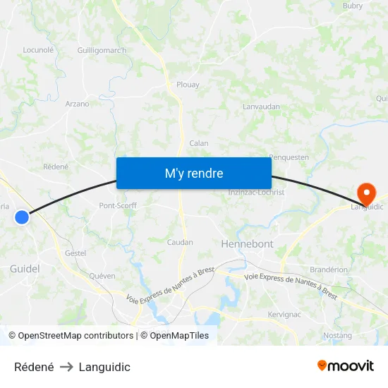 Rédené to Languidic map