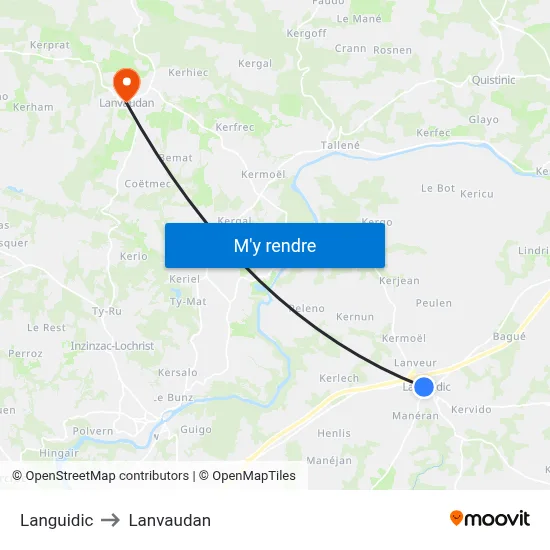 Languidic to Lanvaudan map