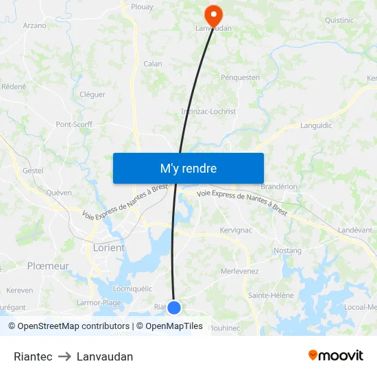 Riantec to Lanvaudan map