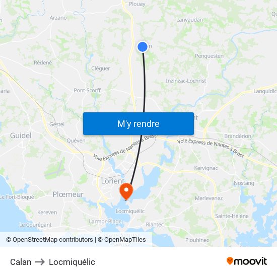 Calan to Locmiquélic map