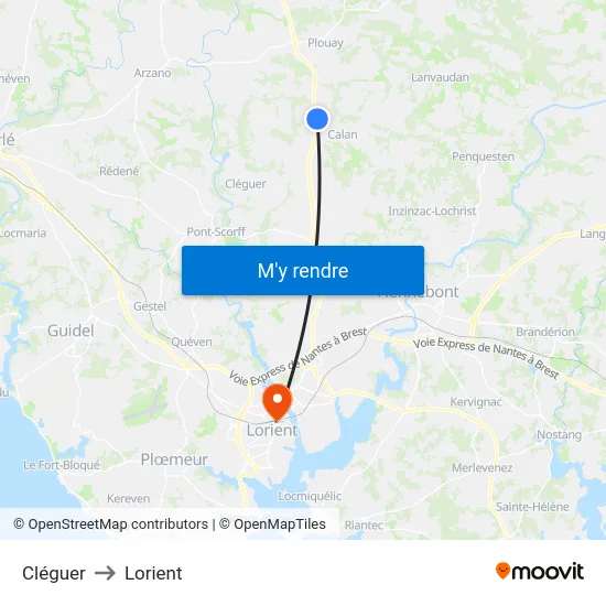 Cléguer to Lorient map