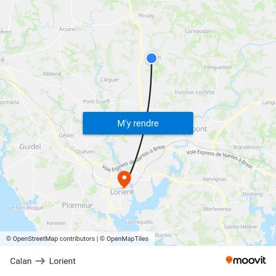 Calan to Lorient map