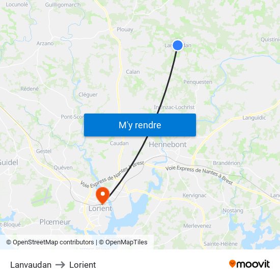 Lanvaudan to Lorient map