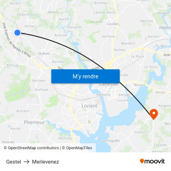 Gestel to Merlevenez map