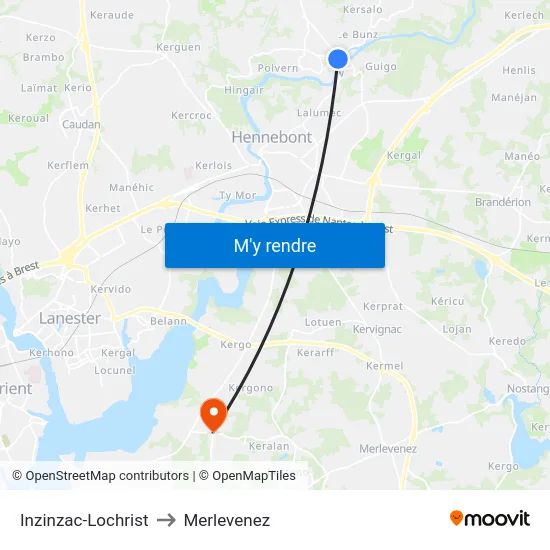 Inzinzac-Lochrist to Merlevenez map