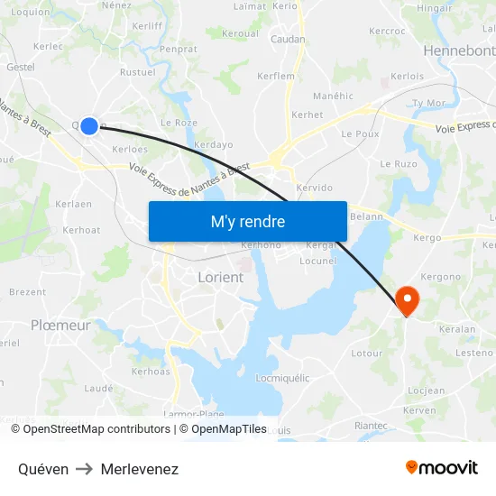 Quéven to Merlevenez map