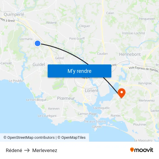 Rédené to Merlevenez map