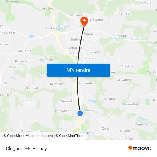 Cléguer to Plouay map