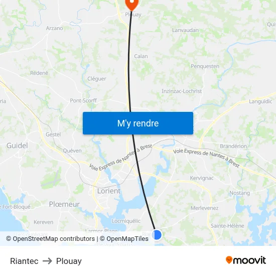 Riantec to Plouay map