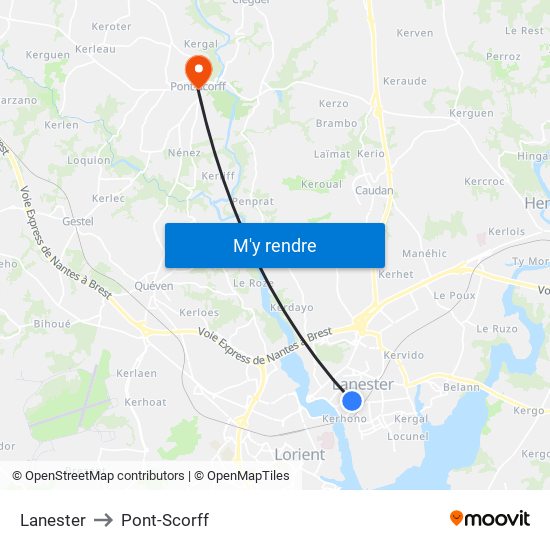 Lanester to Pont-Scorff map
