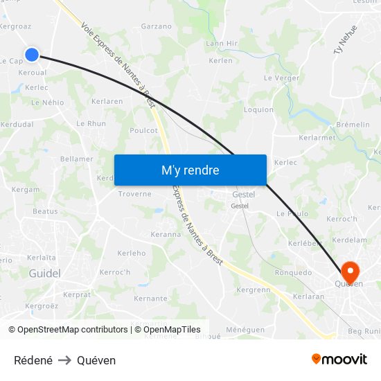 Rédené to Quéven map