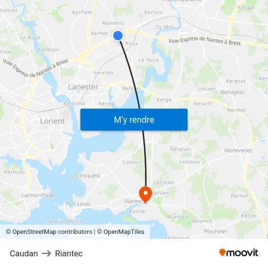 Caudan to Riantec map