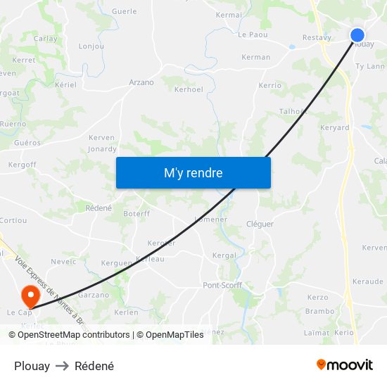 Plouay to Rédené map