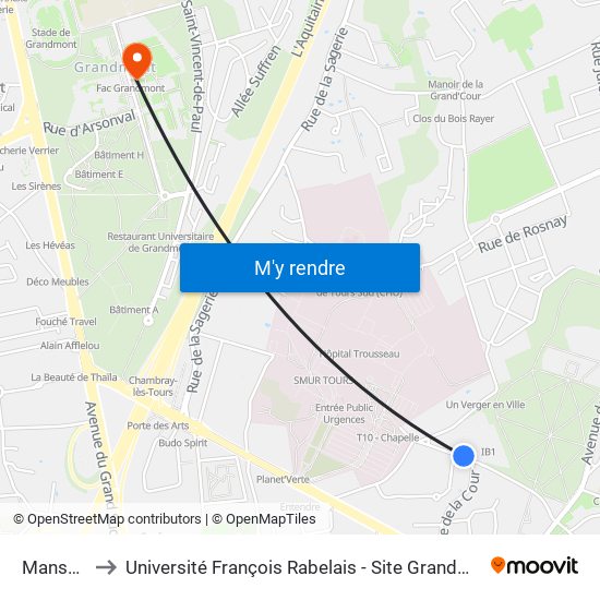 Mansart to Université François Rabelais - Site Grandmont map