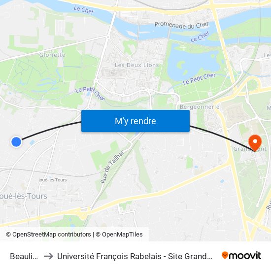 Beaulieu to Université François Rabelais - Site Grandmont map