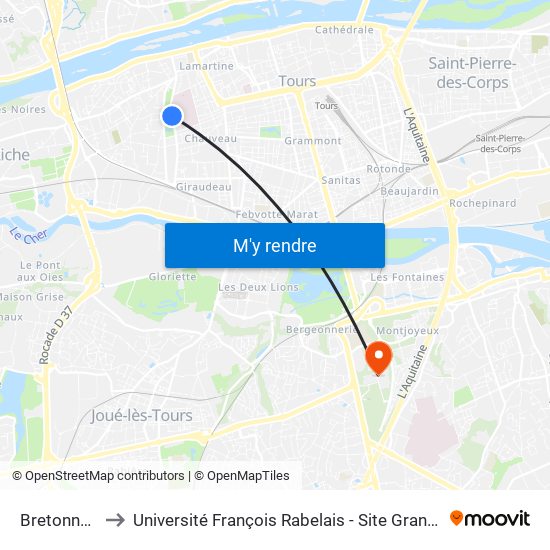 Bretonneau to Université François Rabelais - Site Grandmont map