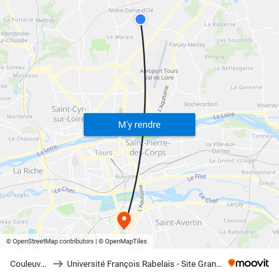 Couleuvrou to Université François Rabelais - Site Grandmont map