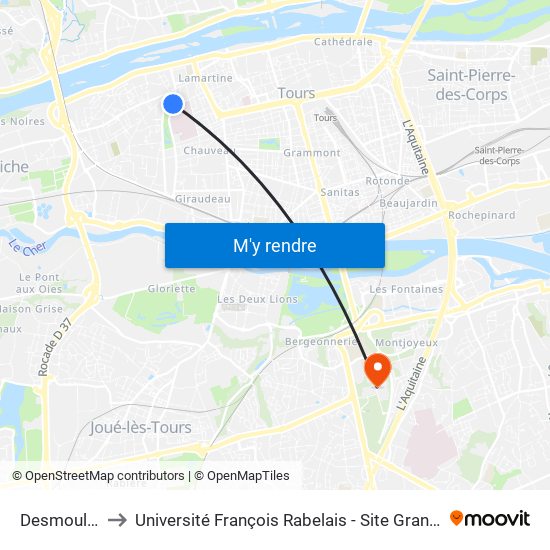 Desmoulins to Université François Rabelais - Site Grandmont map