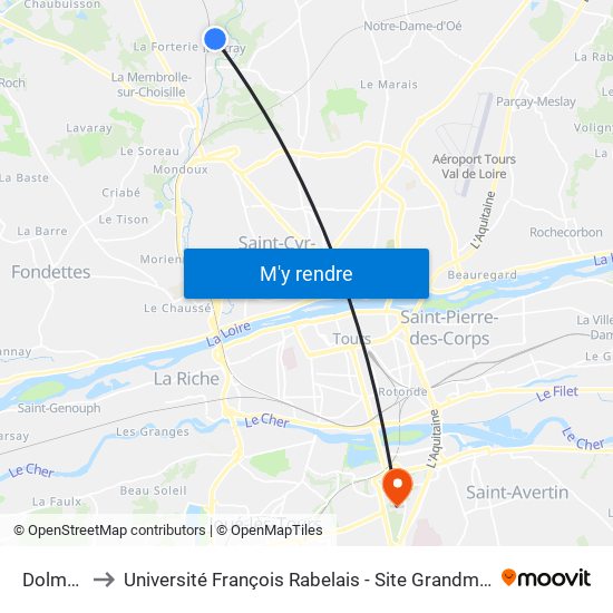 Dolmen to Université François Rabelais - Site Grandmont map