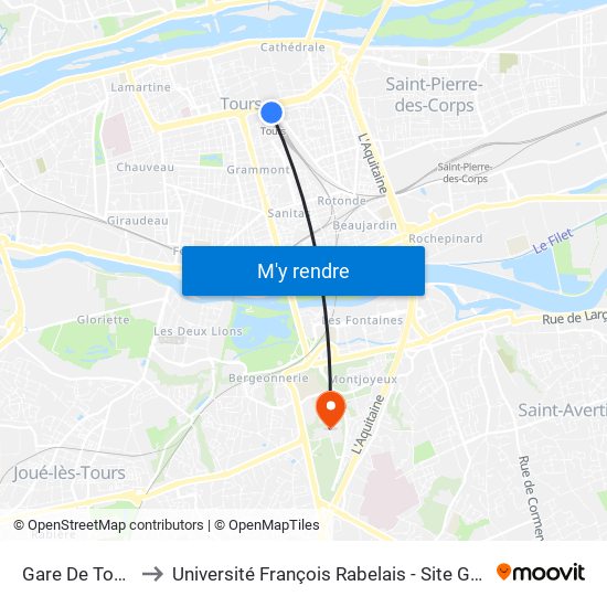 Gare De Tours (Station 5) to Université François Rabelais - Site Grandmont map