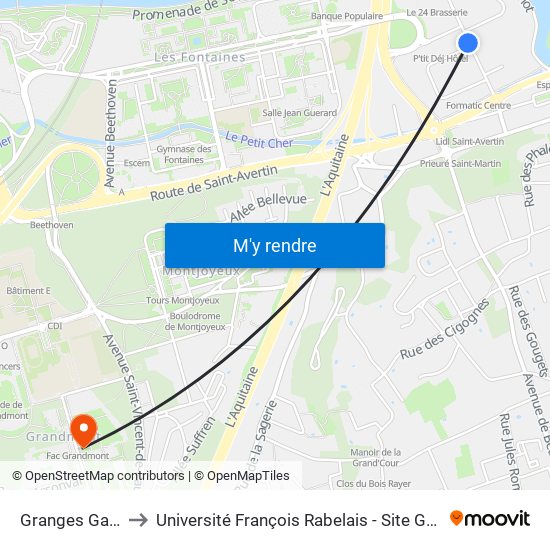 Granges Galand to Université François Rabelais - Site Grandmont map