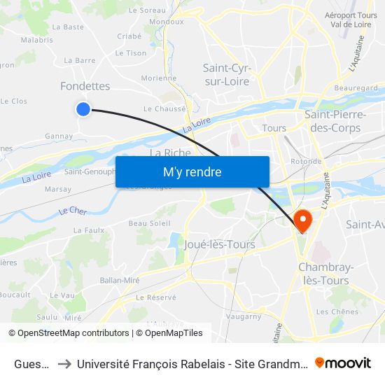 Guesne to Université François Rabelais - Site Grandmont map