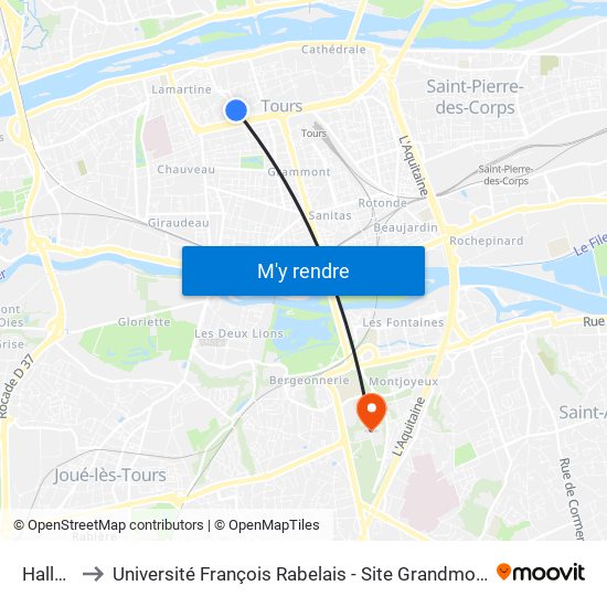 Halles to Université François Rabelais - Site Grandmont map