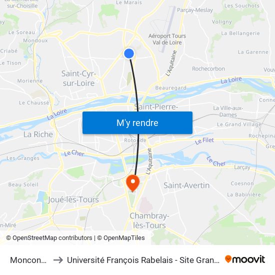 Monconseil to Université François Rabelais - Site Grandmont map