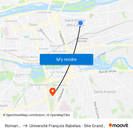 Romarins to Université François Rabelais - Site Grandmont map