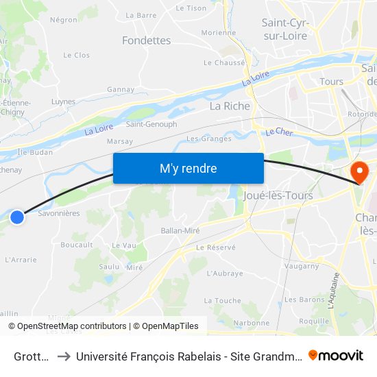 Grottes to Université François Rabelais - Site Grandmont map