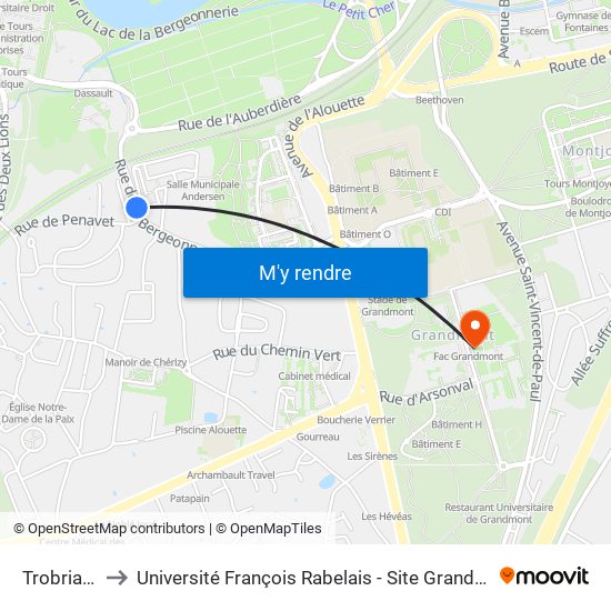 Trobriand to Université François Rabelais - Site Grandmont map