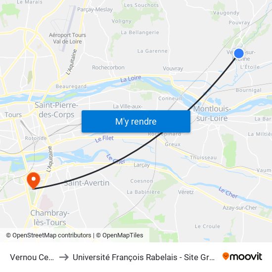 Vernou Centre to Université François Rabelais - Site Grandmont map