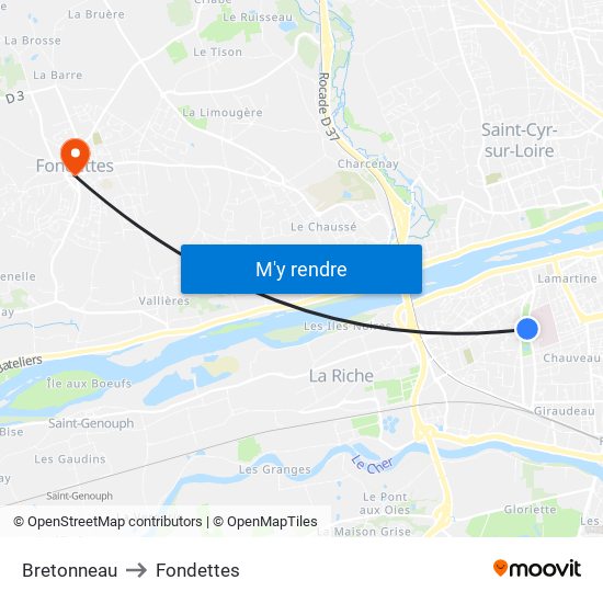 Bretonneau to Fondettes map