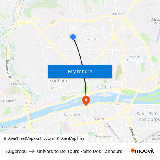 Augereau to Université De Tours - Site Des Tanneurs map